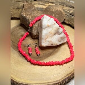 Set: Hot pink dyed puka shell necklace and earrings